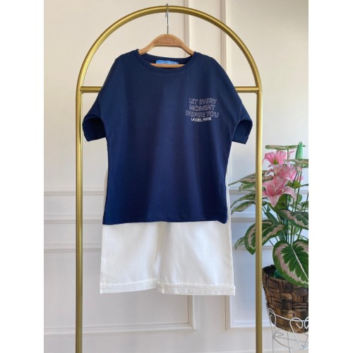 Lacivert Slogan Baskılı Tişört ve Beyaz Şort İkili Takım