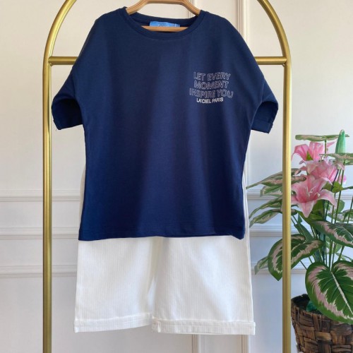 Lacivert Slogan Baskılı Tişört ve Beyaz Şort İkili Takım