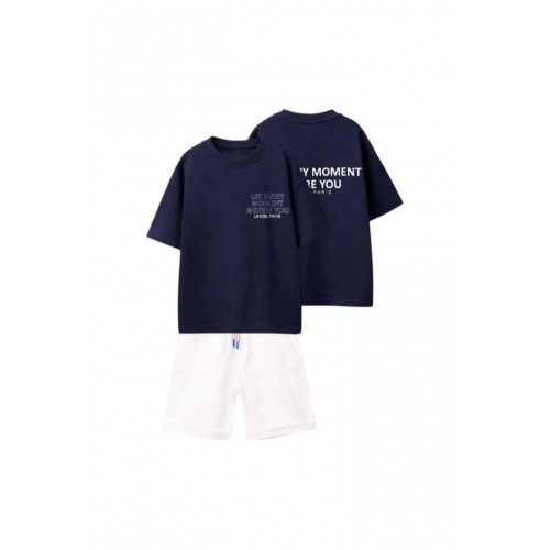 Lacivert Slogan Baskılı Tişört ve Beyaz Şort İkili Takım