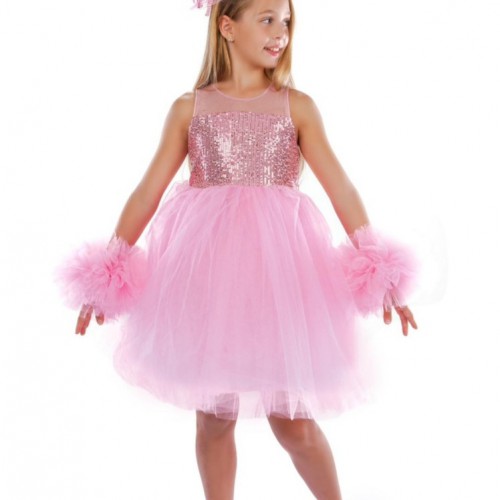 Sparkle Pink Kız Çocuk Elbise-Tokalı ve Tül Bileklik Aksesuarlı