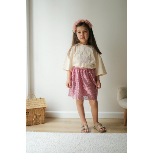 Pembe Payetli Kız Çocuk Etekli Takım