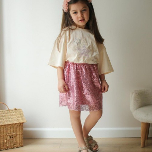 Pembe Payetli Kız Çocuk Etekli Takım